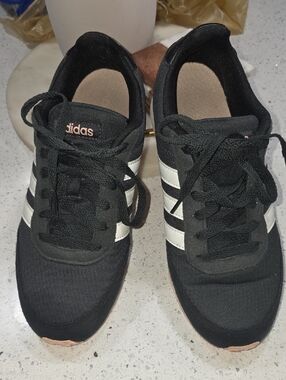 adidas Black Sneakers with White Stripes and Pink Logo